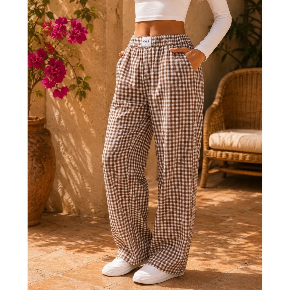 Vogue Gingham Wide Leg Pants Women XXL Brown White Cotton Checkered Trousers